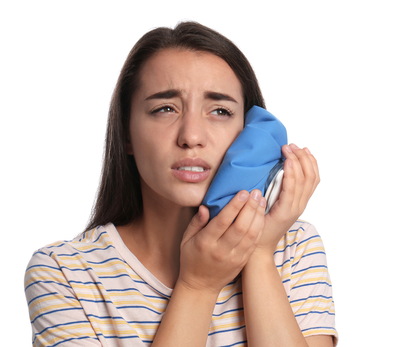 Woman with cold pack to her face